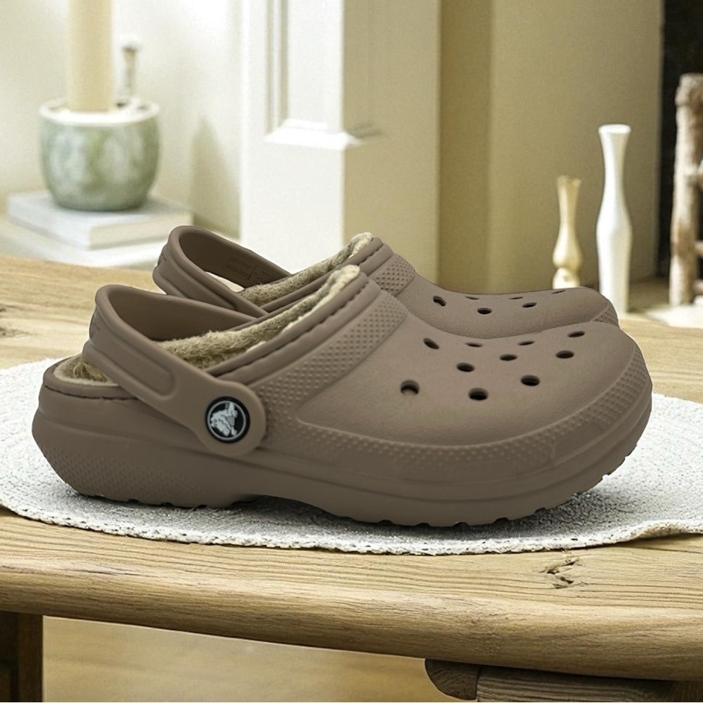 CROCS Kids Classic Lined Tan Rubber Clogs Slip On Shoes Size 3
